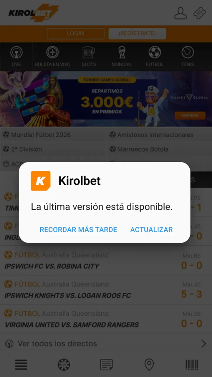 Actualiza la aplicación Kirolbet a la última versión.