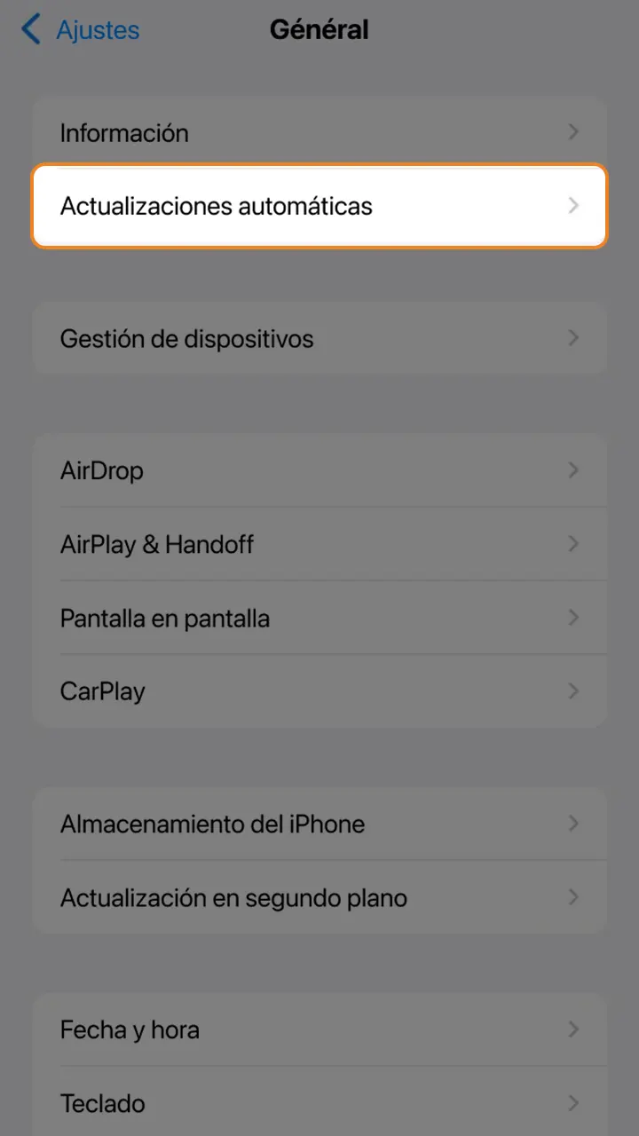 Activar las actualizaciones automáticas de la aplicación Kirolbet en iOS.