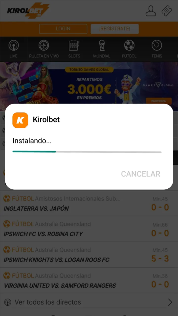 Espera a que finalice la instalación de la nueva versión de la aplicación Kirolbet.