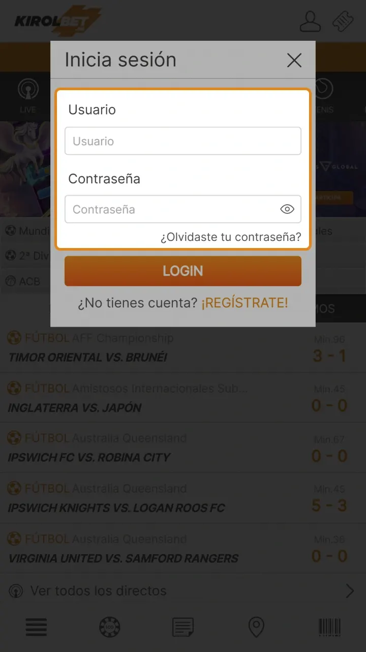 Inicia sesión en tu cuenta a través de la aplicación y ve a la sección de deportes de Kirolbet.