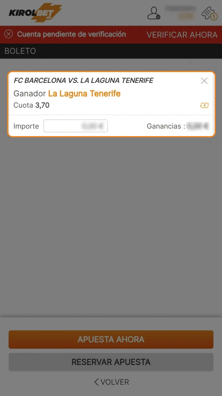 Indica la cantidad de dinero que quieres apostar en tu boleto de Kirolbet.