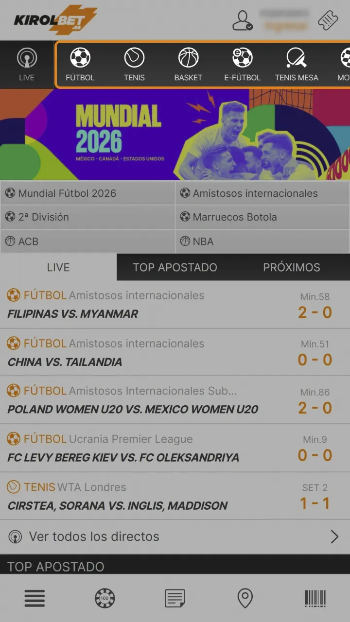 Selecciona el deporte, la competición y el evento sobre el que deseas apostar en Kirolbet.