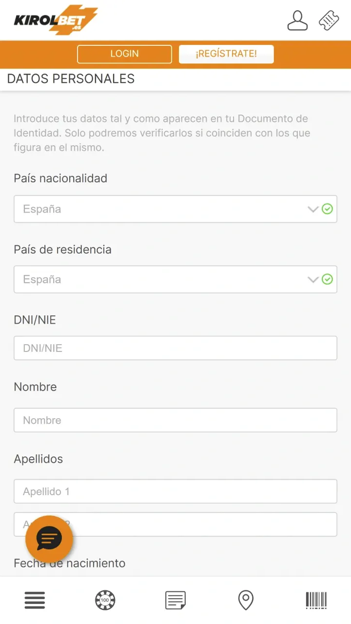 Rellena todos los campos obligatorios e introduce tus datos personales en Kirolbet.