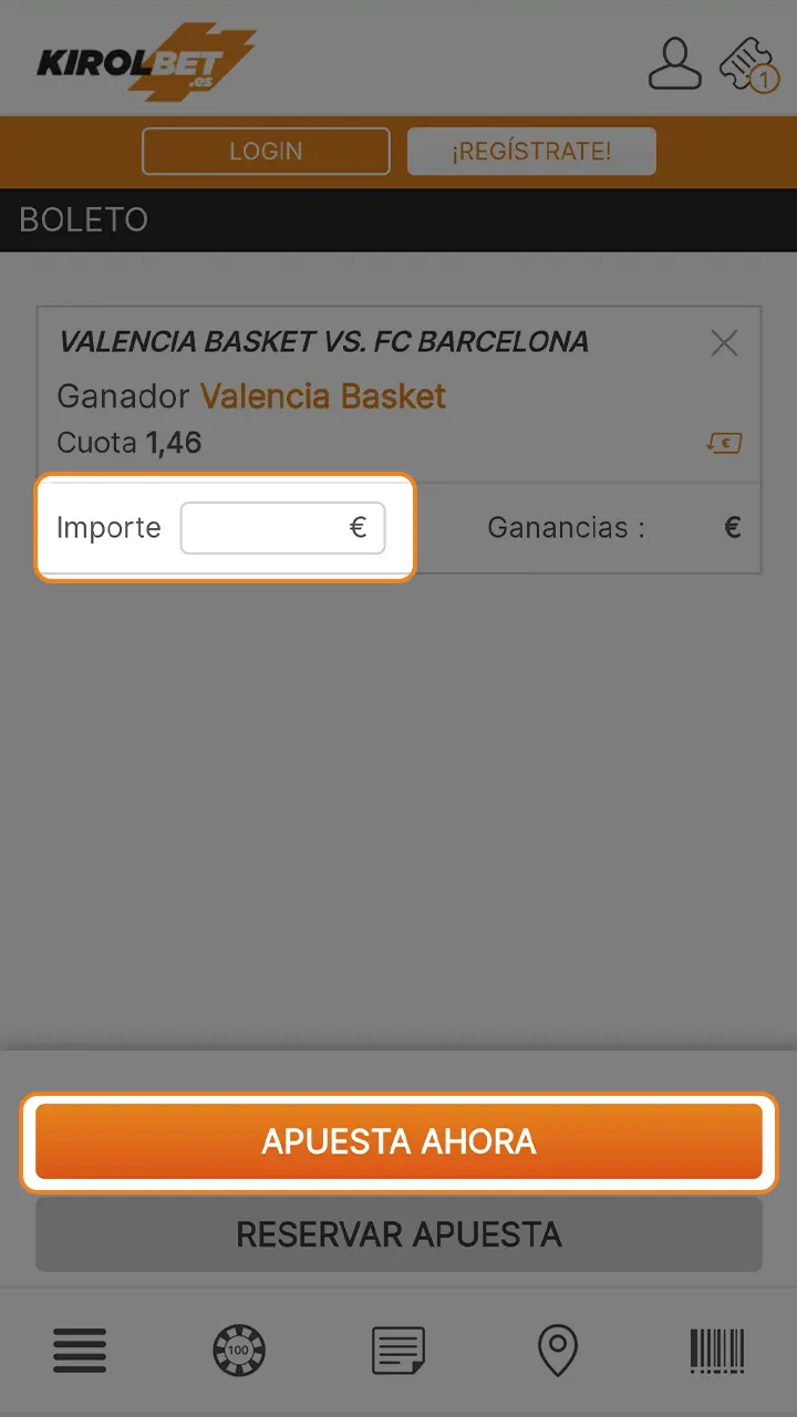 Introduce el importe de la apuesta y confirma tu elección en Kirolbet.