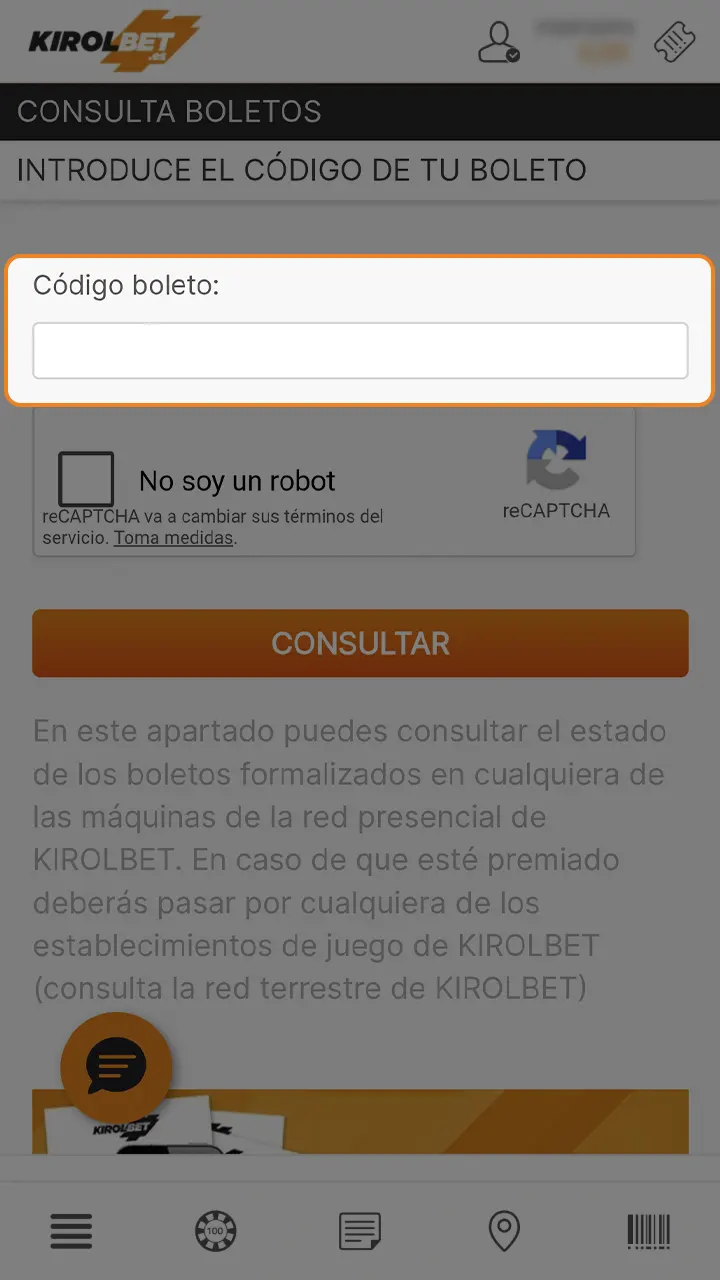 Escriba la combinación de bonificación en el campo obligatorio para que Introduce tu código promocional en Kirolbet.