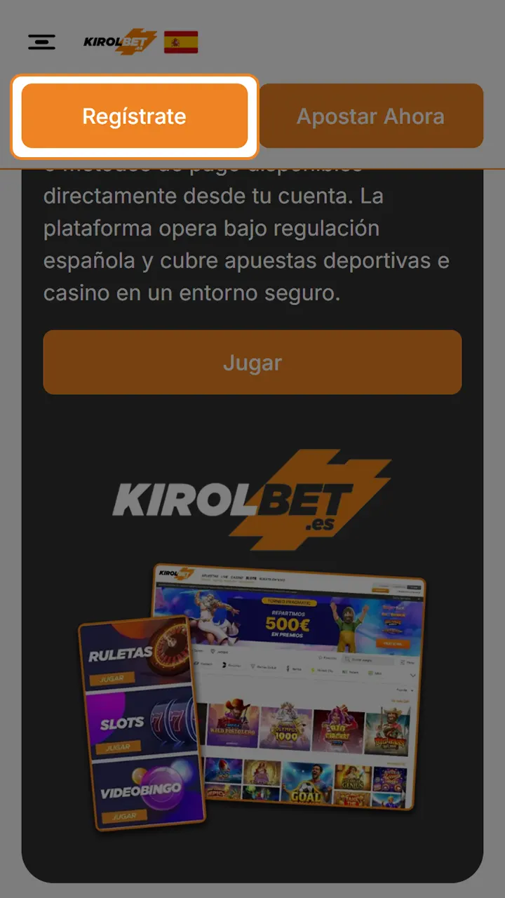 Accede al registro desde esta página de Kirolbet.