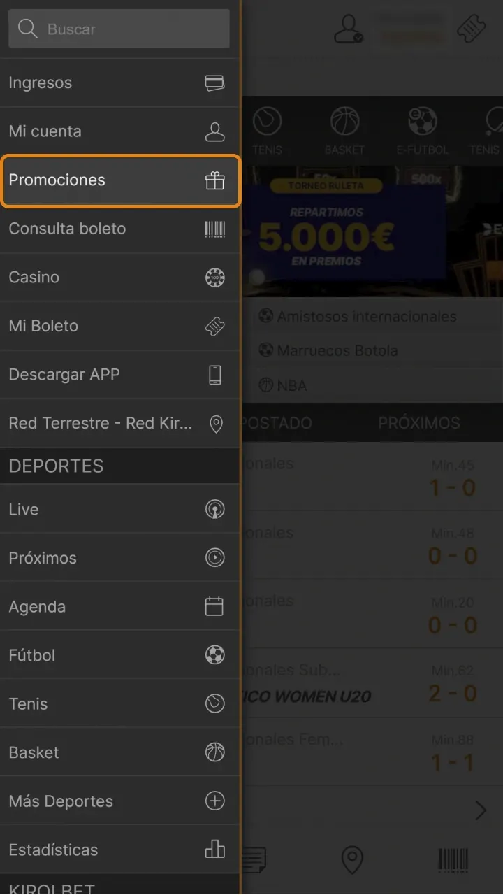Abra la sección de promociones de la cuenta para que activa tu bono de bienvenida en Kirolbet.