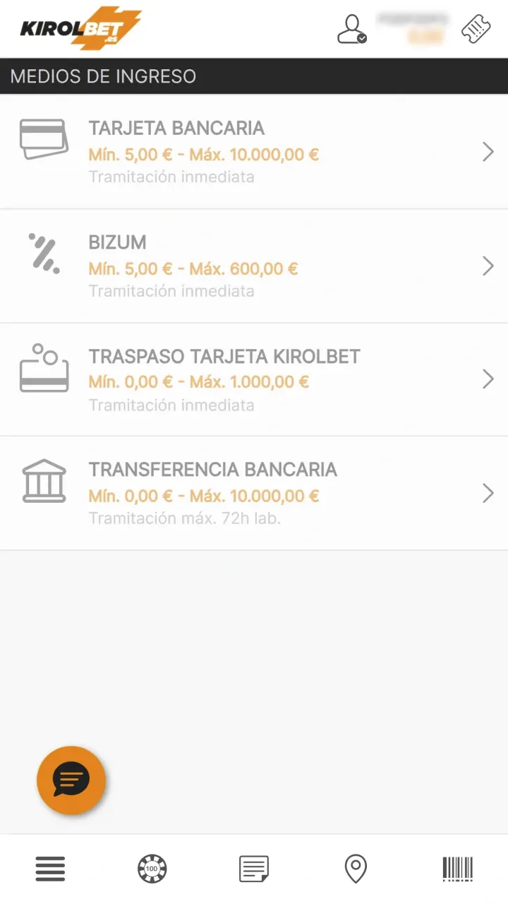 Seleccione un método de pago disponible para que realiza tu primer depósito en Kirolbet.