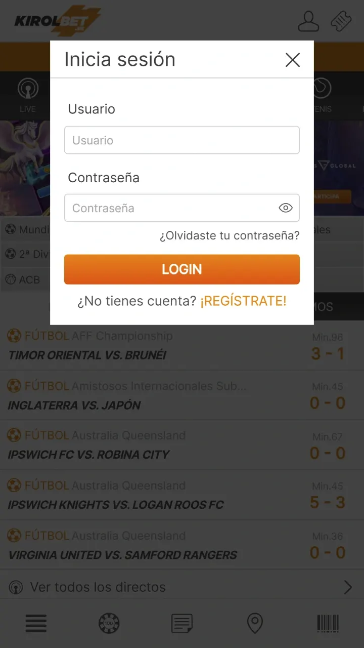 Introduce tus datos de acceso a Kirolbet.