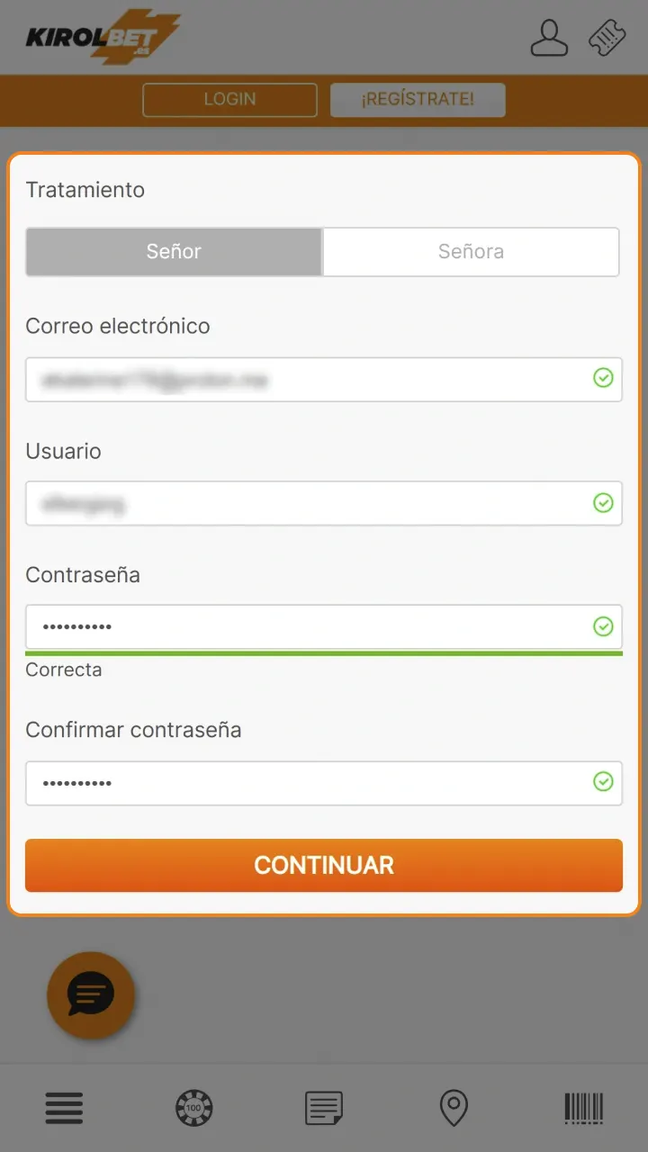 Introduzca sus datos personales requeridos para que completa el formulario de registro en Kirolbet.