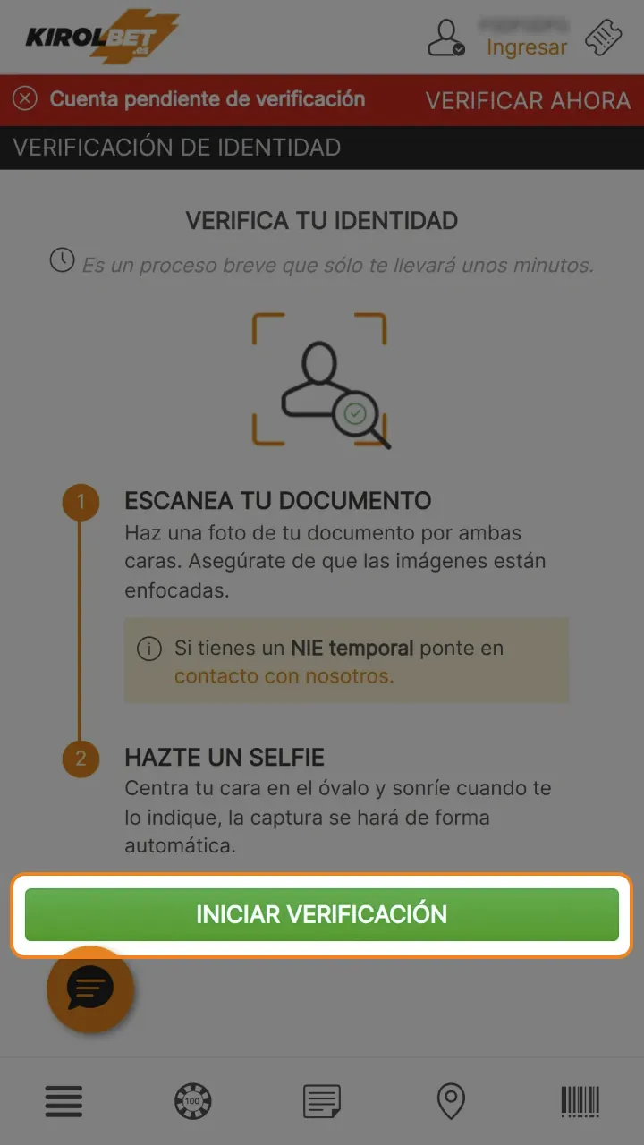 Suba una foto de su documento de identidad para que verifica tu identidad en Kirolbet.