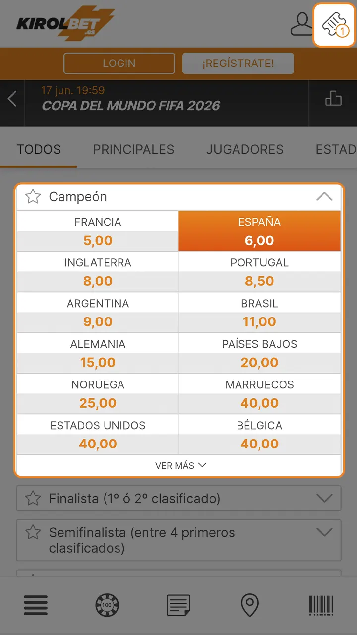 Indica el importe en el boleto para realizar una apuesta de fútbol en Kirolbet.