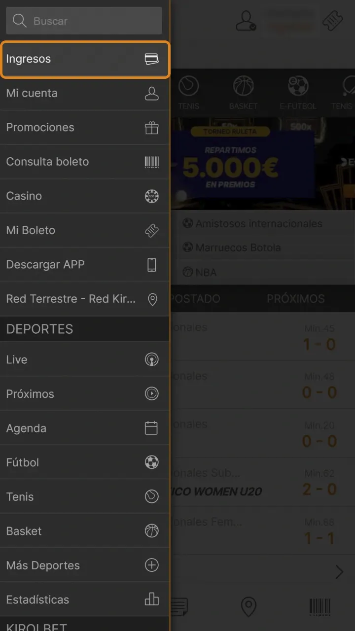 Haga clic en el botón del menú principal para que ve a la sección de caja en Kirolbet.