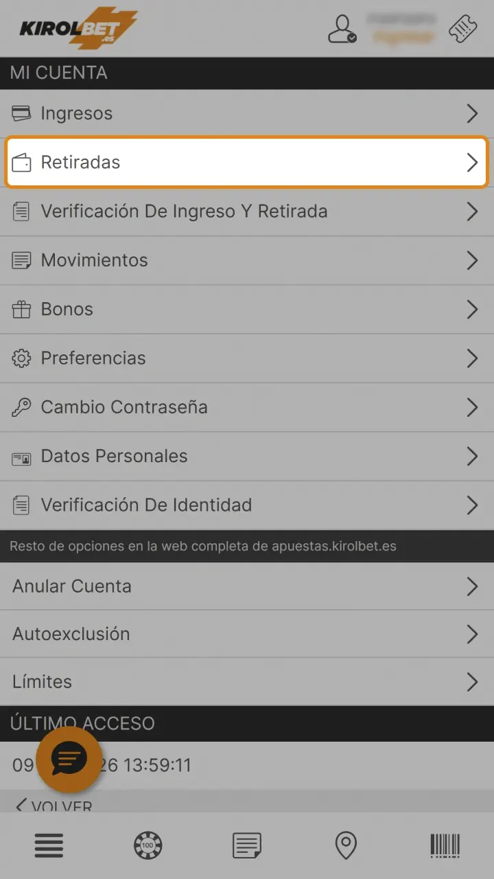 Toque la pestaña correspondiente en su panel para que accede a la sección de retiradas en Kirolbet.