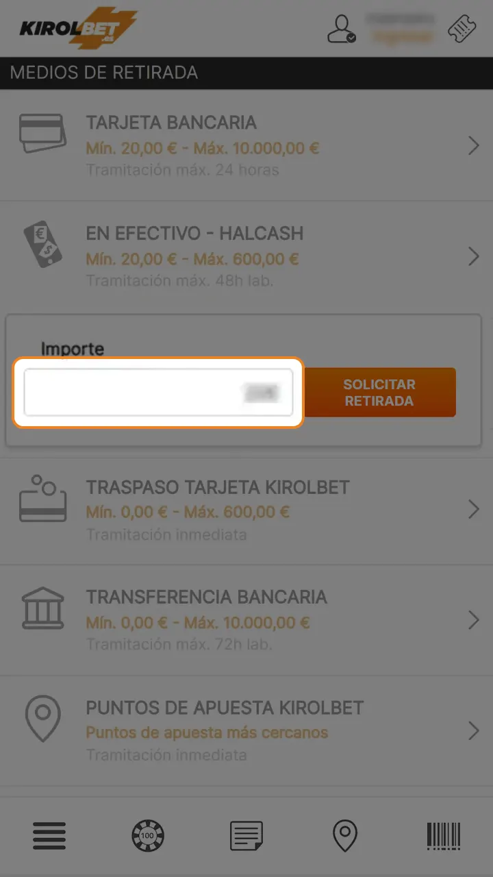 Indica la cantidad que deseas retirar en Kirolbet.