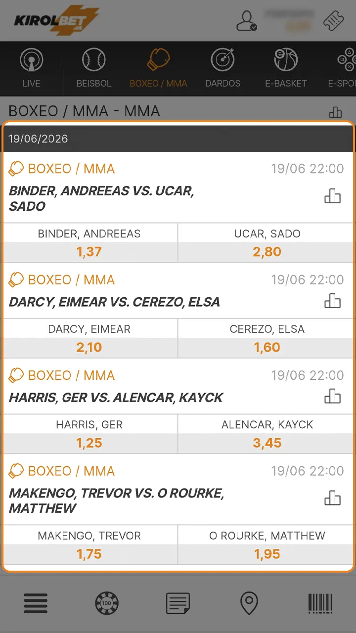 Selecciona un torneo de MMA disponible en Kirolbet.