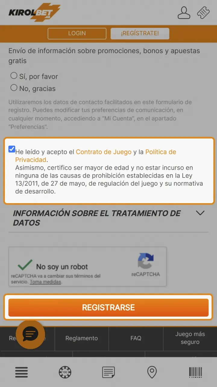 Completa el registro rápido en Kirolbet.