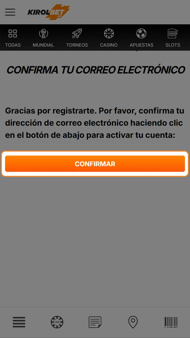 Confirma tu dirección de correo electrónico en Kirolbet.