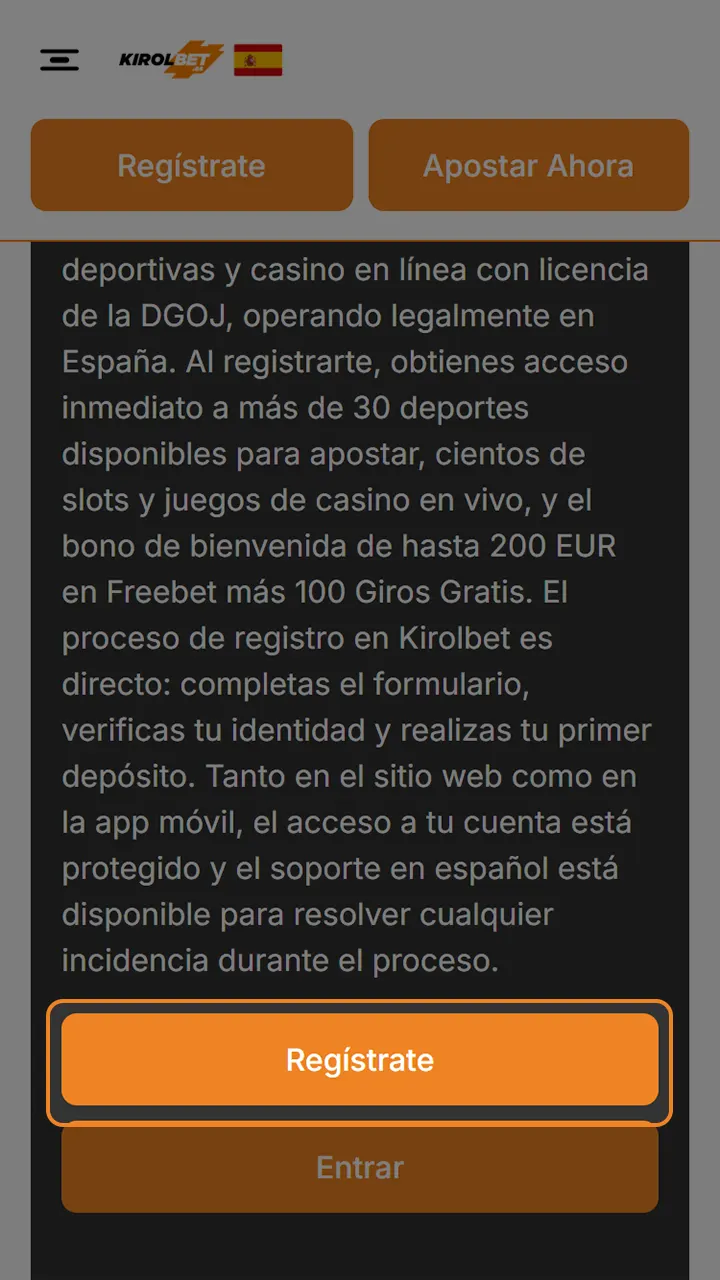 Visite el sitio web oficial y haz clic en el botón de registro en Kirolbet.