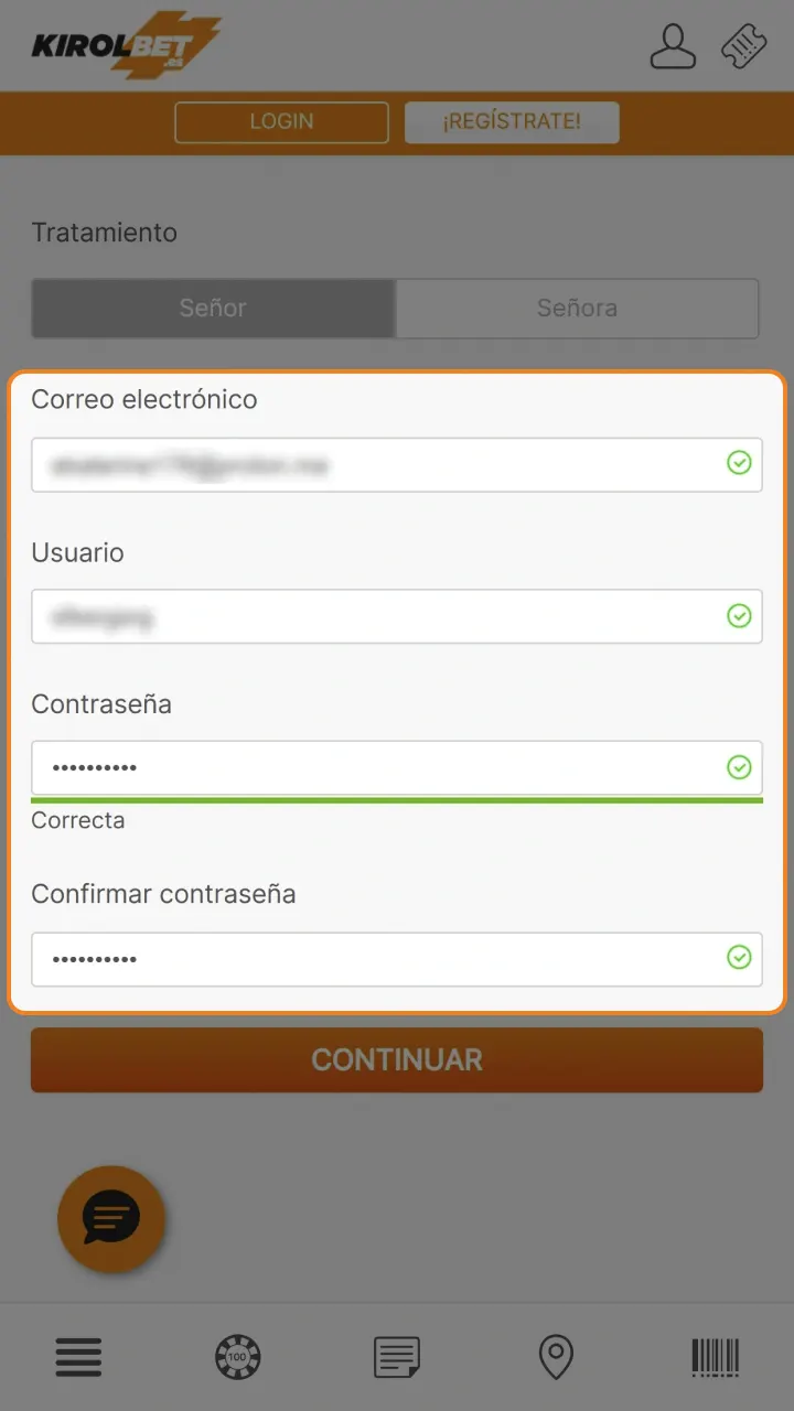 Introduce una dirección de correo electrónico válida y crea una contraseña en Kirolbet.