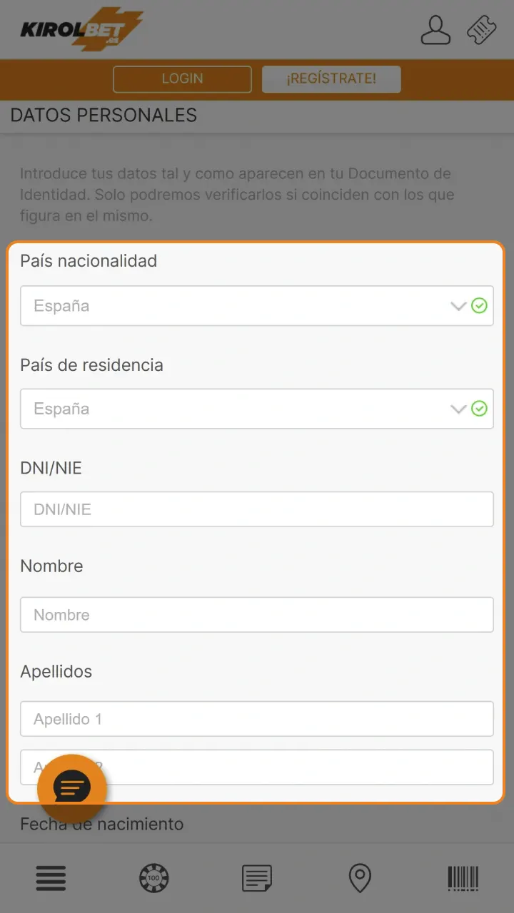 Introduzca su información personal y rellena el formulario con tus datos en Kirolbet.