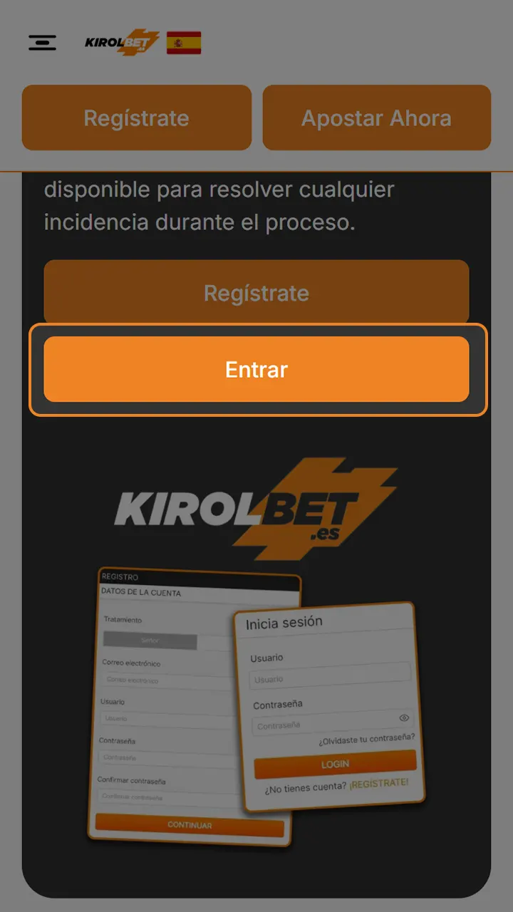 Abre la pestaña de inicio de sesión en Kirolbet.