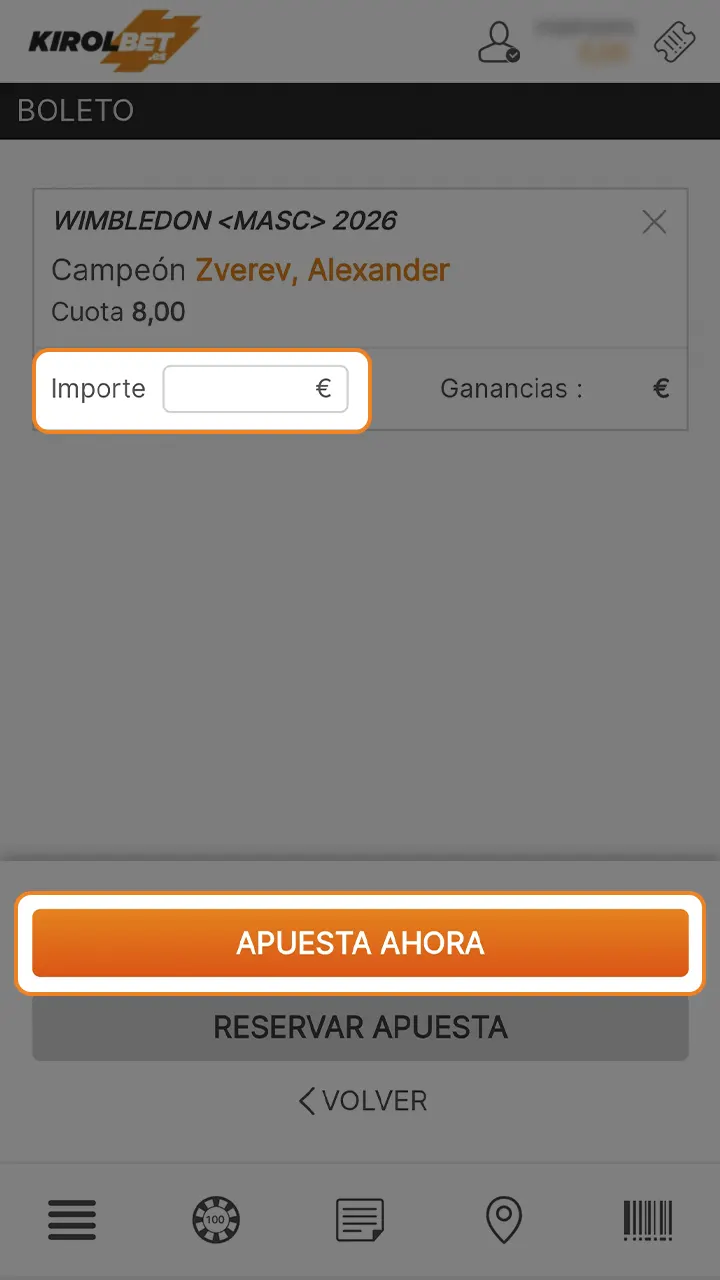 Introduce el importe de tu apuesta de tenis en Kirolbet.