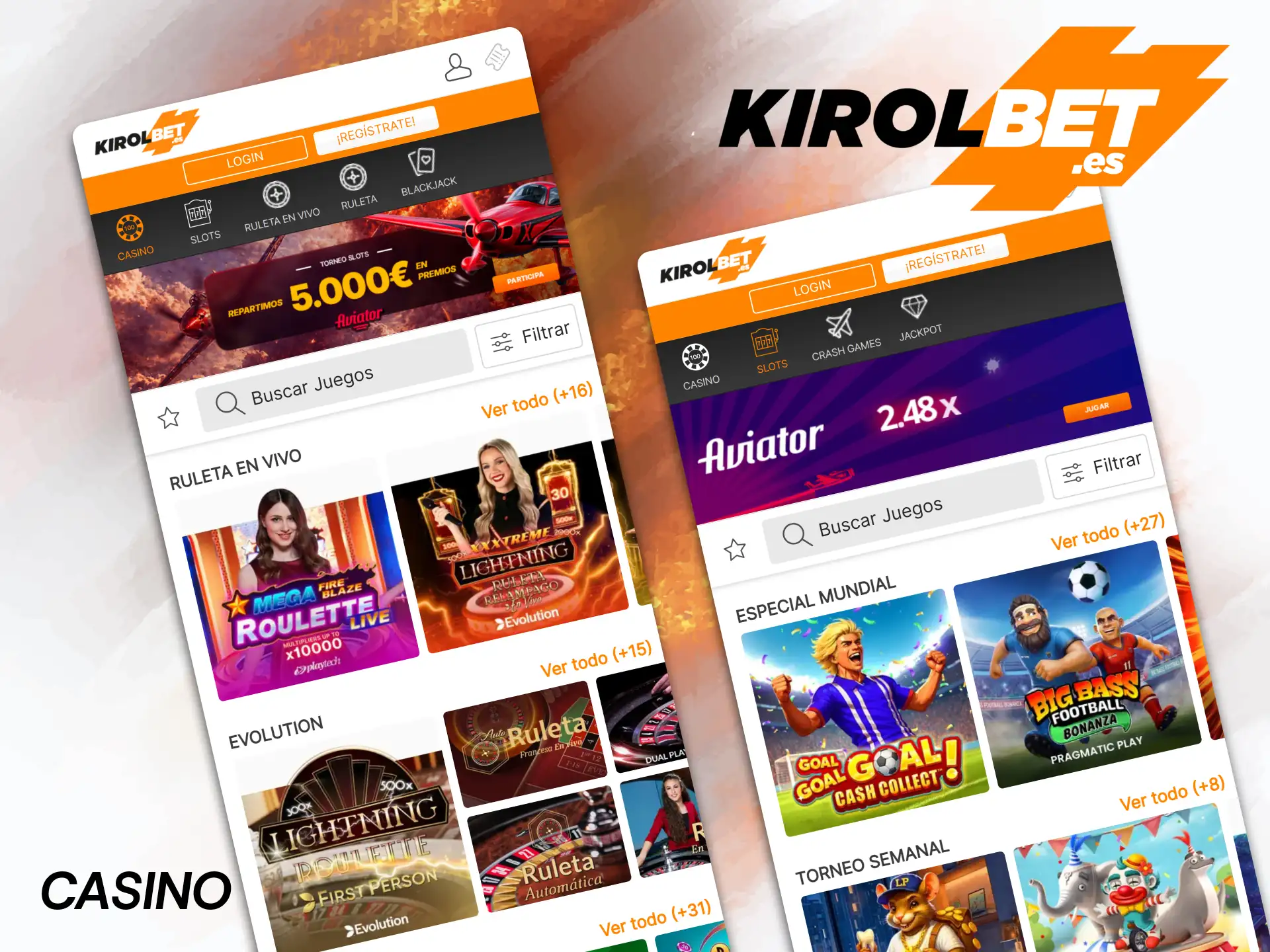 Prueba suerte en las tragaperras, el blackjack y la ruleta accediendo a la sección Casino de la aplicación Kirolbet.
