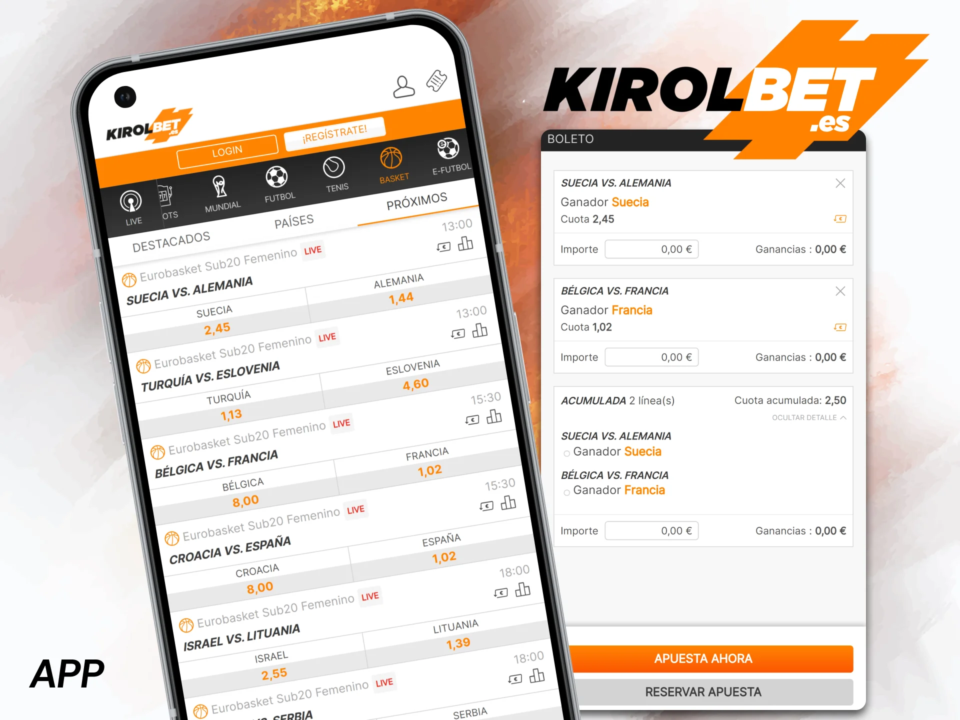 No te pierdas ni un solo partido de baloncesto descargando la aplicación de Kirolbet para dispositivos Android e iOS.