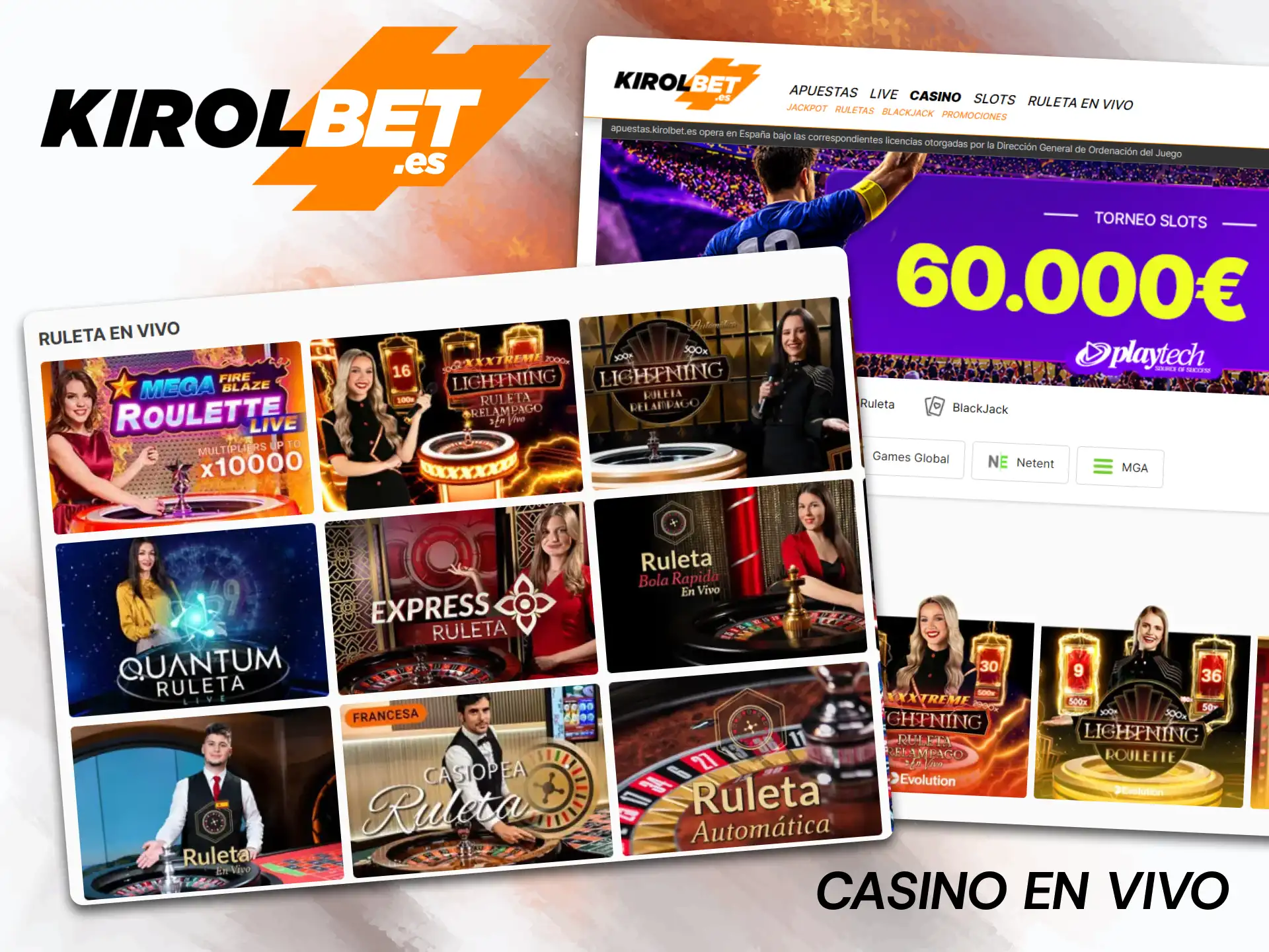 Sumérgete en el ambiente de una sala de juego real directamente en la pantalla de tu dispositivo, accediendo a la sección Casino en vivo de la web de Kirolbet.