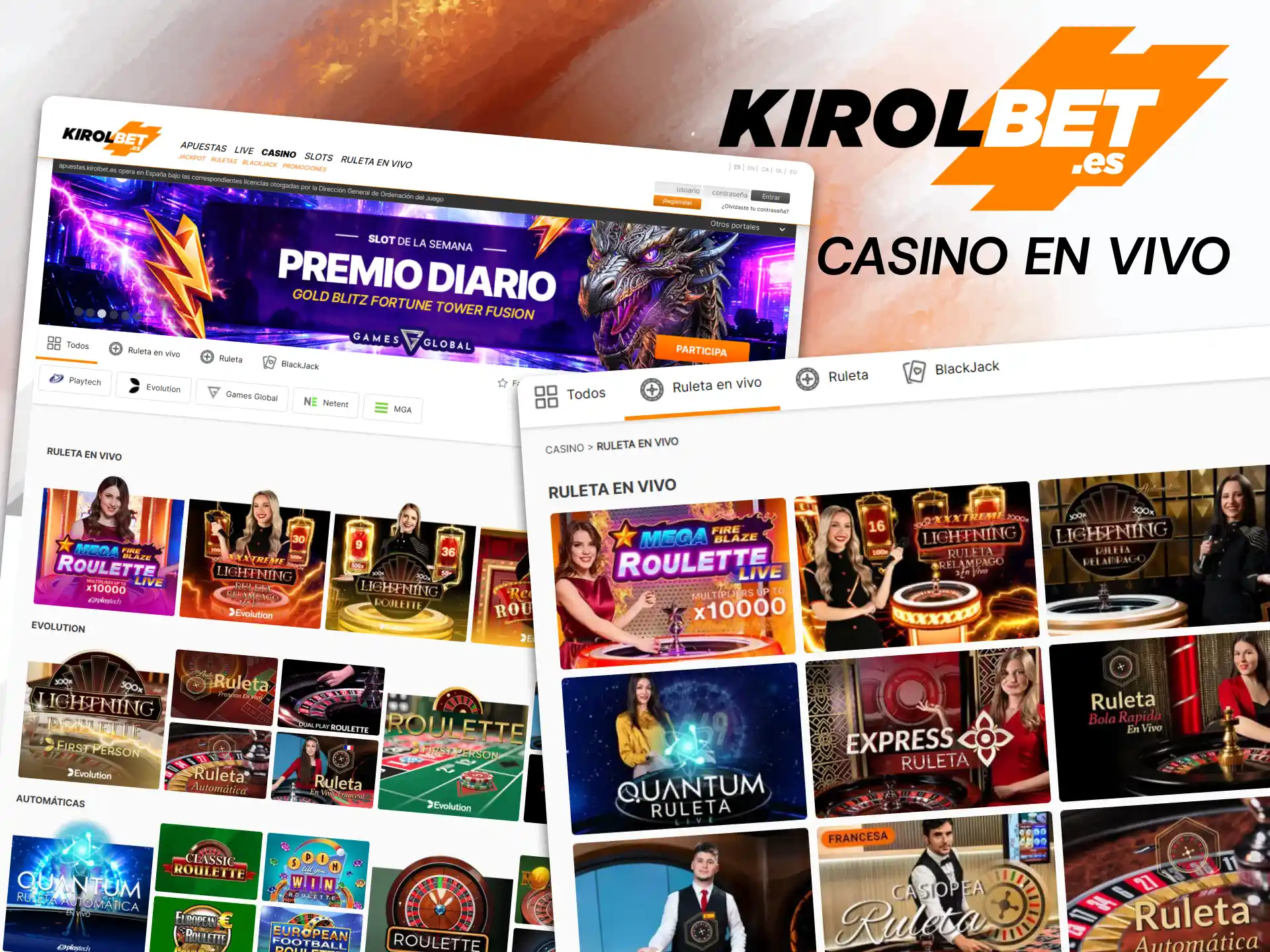Disfruta del auténtico ambiente de una sala real, interactuando con crupieres de verdad en tiempo real en el casino en vivo de Kirolbet.