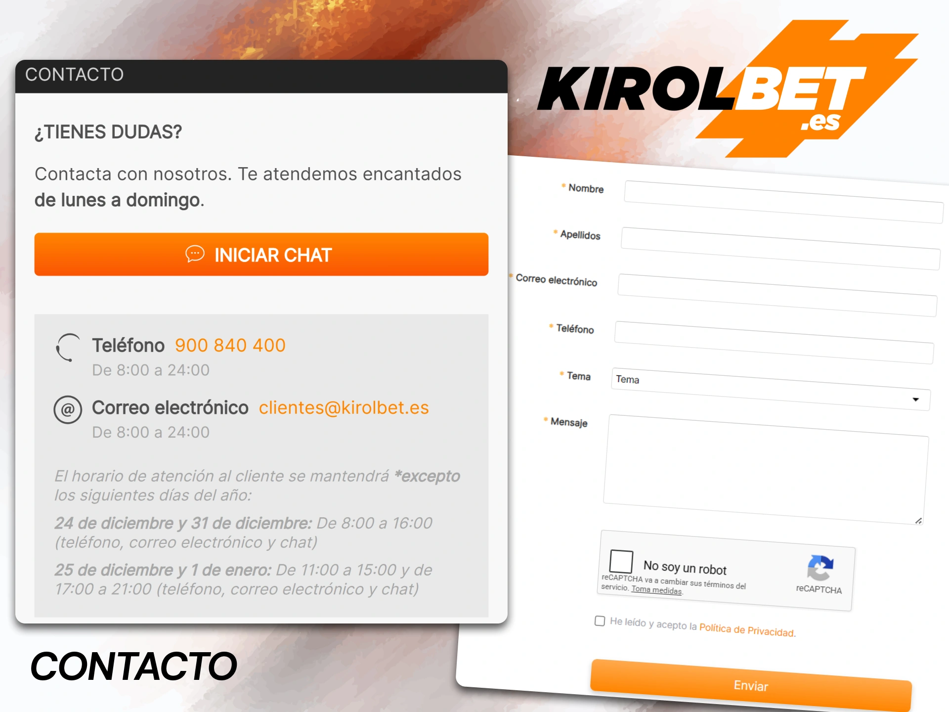 Ponte en contacto con el servicio de atención al cliente de Kirolbet si tienes algún problema con la plataforma.