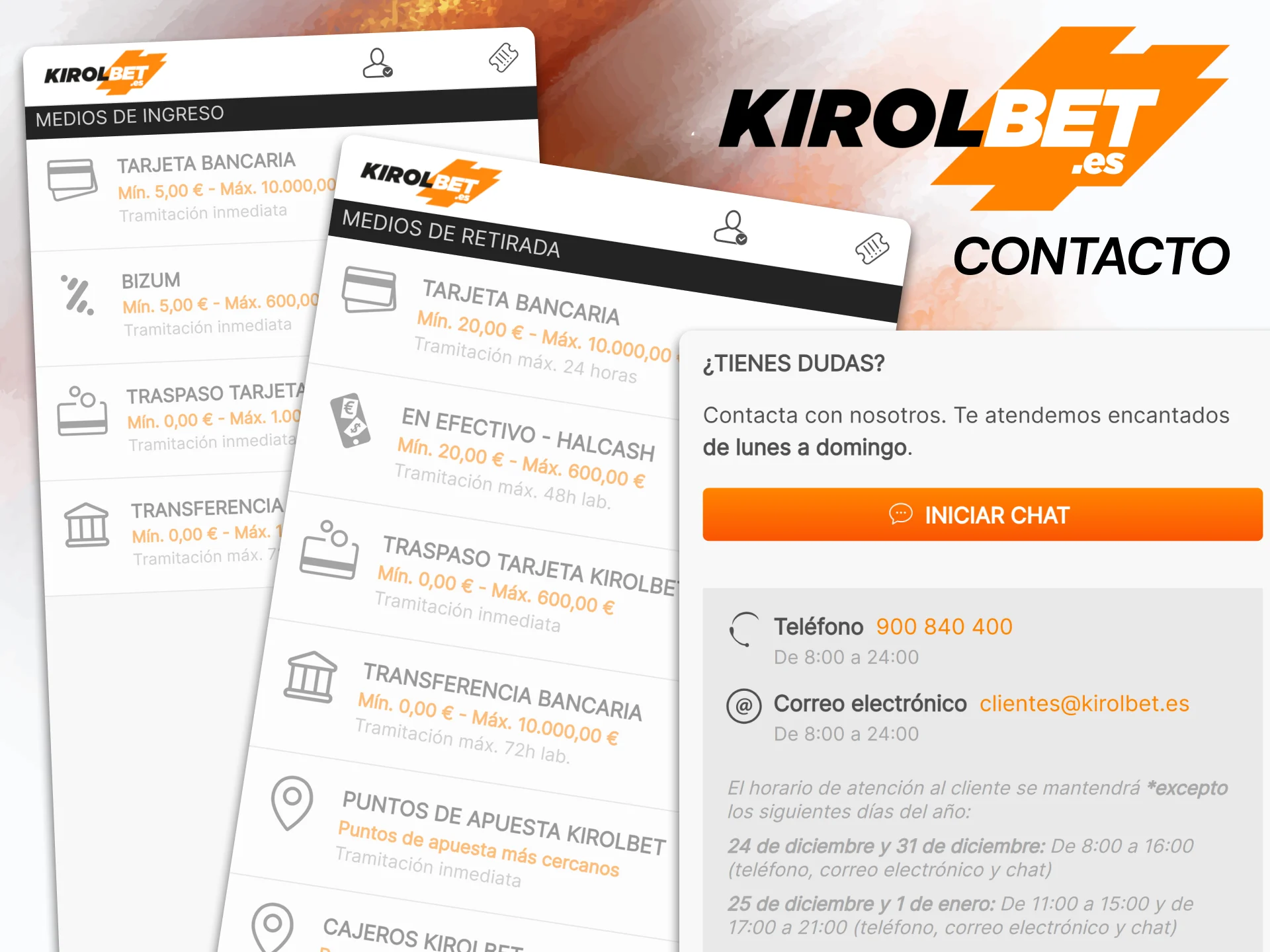 Resuelve cualquier problema técnico o aclara tus dudas poniéndote en contacto al instante con el servicio de atención al cliente de Kirolbet.