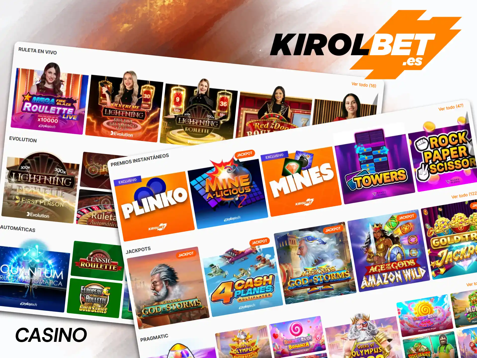 Explora el catálogo de tragamonedas, juegos de ruleta y mesas de cartas visitando la sección de Casino en Kirolbet.