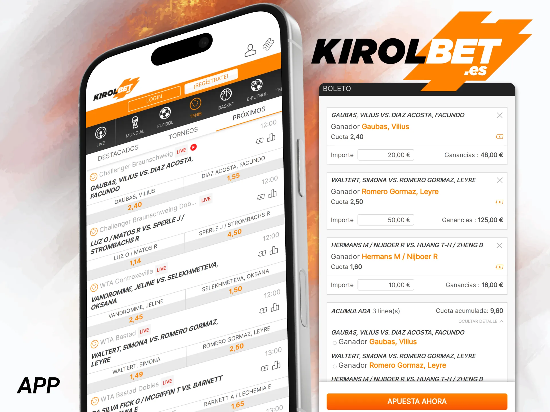 Sigue los partidos de tenis instalando la aplicación de Kirolbet para smartphones y tabletas.