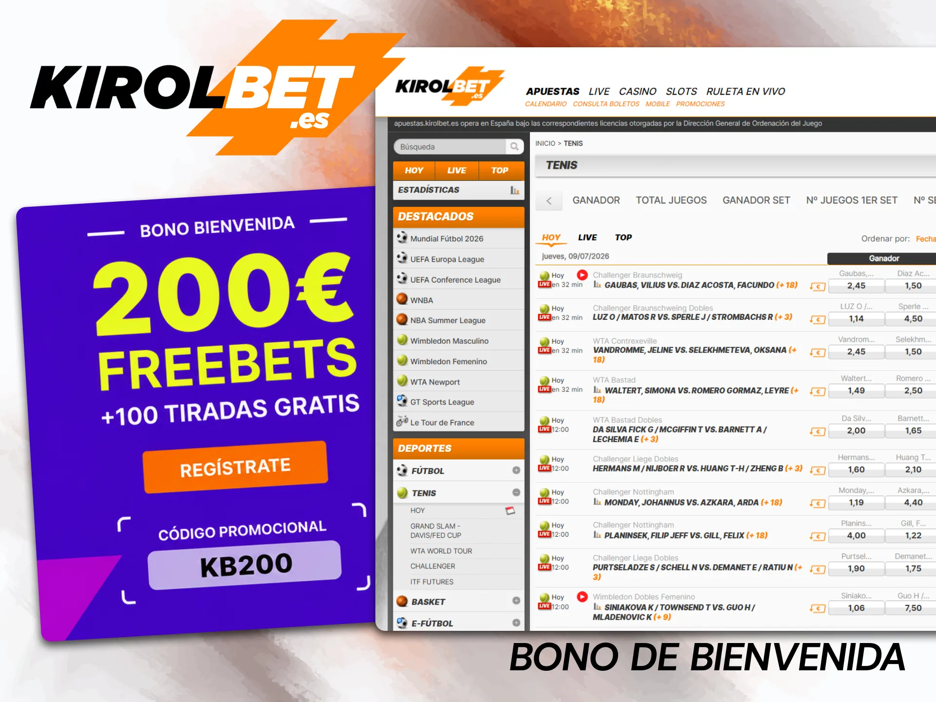 Multiplica tus fondos activando el bono de bienvenida para apuestas de tenis en Kirolbet tras realizar tu primer depósito.